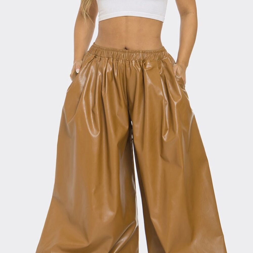 NWT-Tan vegan leather wide leg pants.